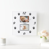 Eenvoudige Cat Paw Print Pet 2 Fotocollage Vierkante Klok (Huis)