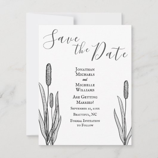 Eenvoudige Cattails Black en White Wedding Save The Date (Voorkant)