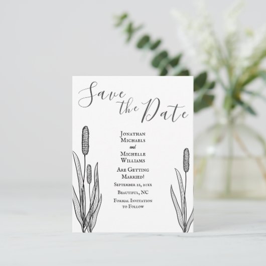 Eenvoudige Cattails Black en White Wedding Save The Date (Staand voorkant)