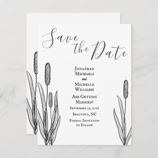 Eenvoudige Cattails Black en White Wedding Save The Date (Voorkant / Achterkant)