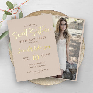 Eenvoudige Champagne Gouden Foto Sweet 16 Zestien Folie Uitnodiging