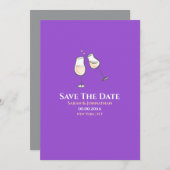 Eenvoudige champagneglazen proosten paars effen save the date (Voorkant / Achterkant)
