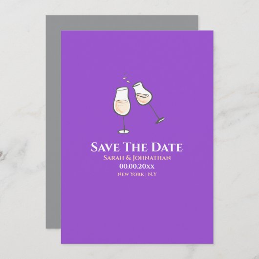 Eenvoudige champagneglazen toast paars effen save the date (Voorkant / Achterkant)