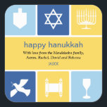 Eenvoudige Chanoeka iconen Sticker<br><div class="desc">Deze sticker gebruikt de iconen van Chanoeka om hartelijke wensen over te brengen. De felblauwe en gouden kleuren omringen iconen van onder andere een dreidel, menora en kiddush cup om je boodschap te lijsten. Geweldig als envelop zegels of voor het plakken op vakantiepakketten of geschenken. Verkrijgbaar in alternatieve kleuren met...</div>