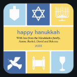 Eenvoudige Chanoeka iconen Sticker<br><div class="desc">Deze sticker gebruikt de iconen van Chanoeka om hartelijke wensen over te brengen. De felblauwe en gouden kleuren omringen iconen van onder andere een dreidel, menora en kiddush cup om je boodschap te lijsten. Geweldig als envelop zegels of voor het plakken op vakantiepakketten of geschenken. Verkrijgbaar in alternatieve kleuren met...</div>
