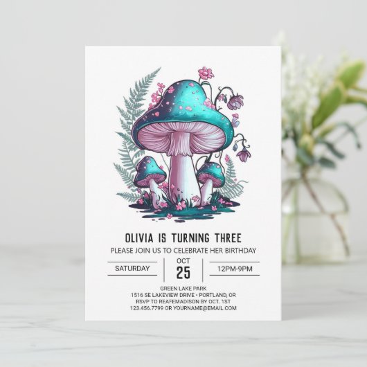 Eenvoudige charmante digitale paddestoel verjaarda kaart (Staand voorkant)