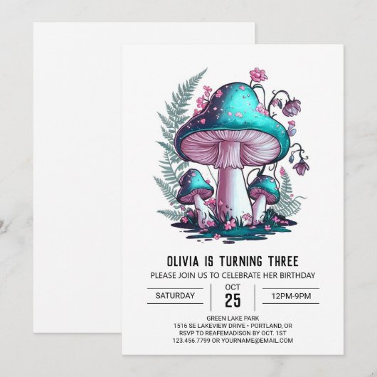 Eenvoudige charmante digitale paddestoel verjaarda kaart (Voorkant / Achterkant)