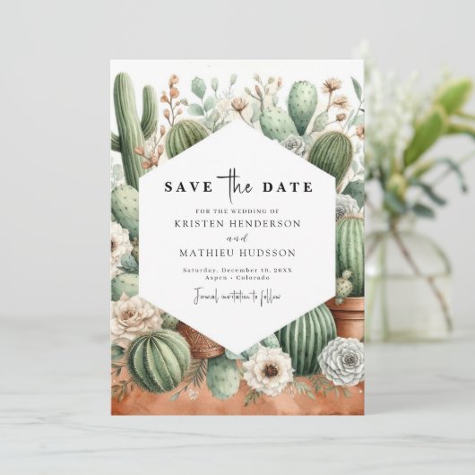 Eenvoudige Chic Cactus bruiloft Save The Date (Staand voorkant)