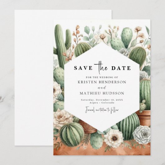 Eenvoudige Chic Cactus bruiloft Save The Date (Voorkant / Achterkant)