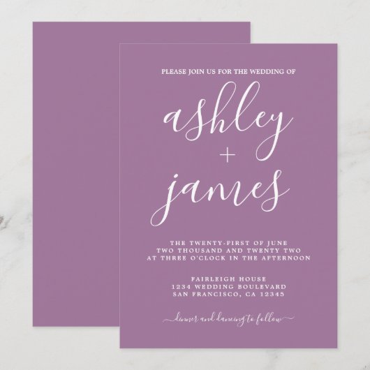 Eenvoudige Chic Calligrafie Stof Lavendel Bruiloft Kaart (Voorkant / Achterkant)