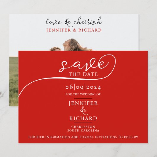 Eenvoudige Chic Cherry Red bruiloft kalligrafie Fo Save The Date (Voorkant / Achterkant)