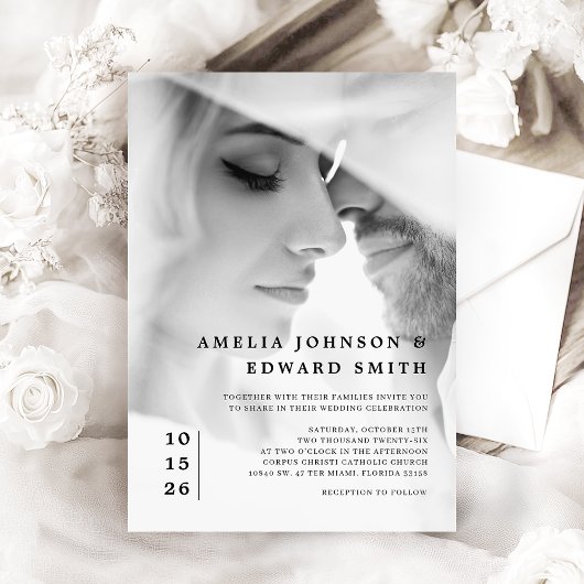 Eenvoudige Chic Elegant Zwart Wit Fotobruiloft Kaart