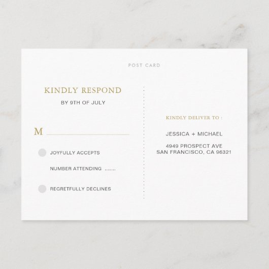 Eenvoudige Chic Gold en White Custom Wedding RSVP Uitnodiging Briefkaart (Achterkant)