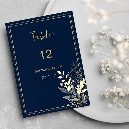 Eenvoudige chic marine blauw goud bloemen tafel nu kaart