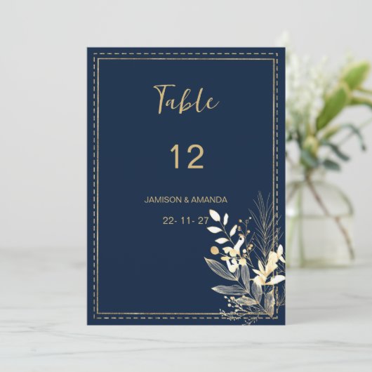 Eenvoudige chic marine blauw goud bloemen tafel nu kaart (Staand voorkant)