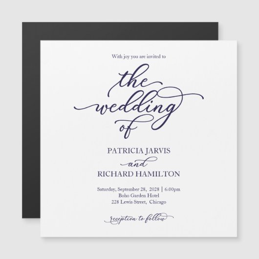 Eenvoudige Chic Navy Blue Script Wedding-uitnodigi Magnetische Uitnodiging (Voorkant / Achterkant)