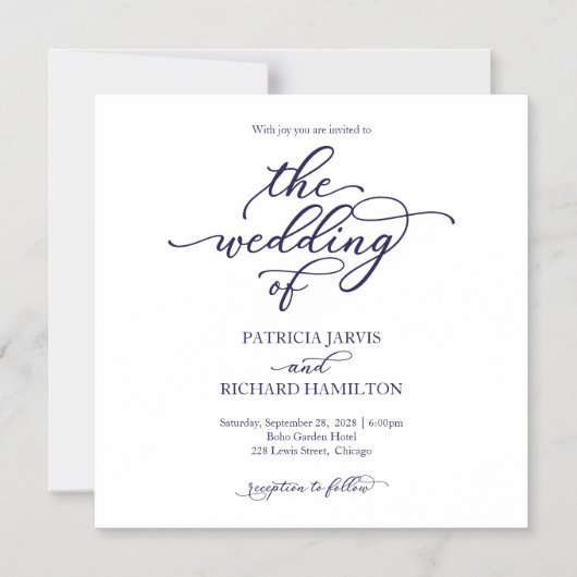 Eenvoudige Chic Navy Blue Script Wedding-uitnodigi Magnetische Uitnodiging (Voorkant)