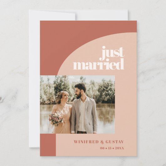 Eenvoudige chic perach terracotta bruiloft foto aankondiging (Voorkant)