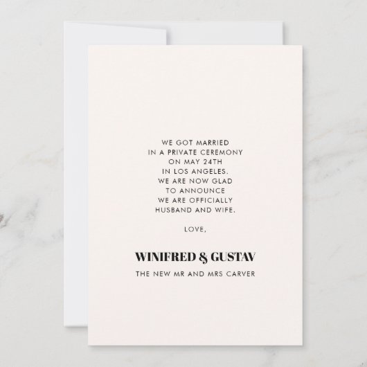 Eenvoudige chic perach terracotta bruiloft foto aankondiging (Achterkant)