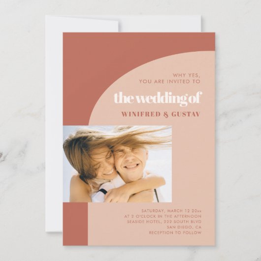 Eenvoudige chic perach terracotta bruiloft foto kaart (Voorkant)