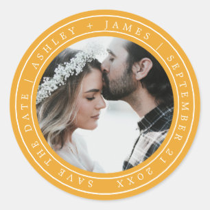 Eenvoudige Chic Save the Date Trouwfoto Geel Ronde Sticker