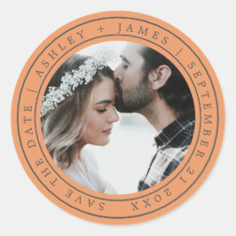 Eenvoudige Chic Save the Date Trouwfoto Oranje Cla Ronde Sticker