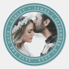Eenvoudige Chic Save the Date Trouwfoto Teal Ronde Sticker