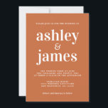 Eenvoudige Chic Typografie Verbrand Sinaasappel br Kaart<br><div class="desc">Eenvoudige en chique huwelijksuitnodiging is voorzien van witte stijlvolle, elegante en moderne typografie op een verbrande oranje achtergrond. Voeg gewoon je trouwgegevens toe. Exclusief voor u ontworpen door Happy Dolphin Studio. Als u hulp of bijpassende producten nodig heeft, neem dan contact met ons op via happydolphinstudio@outlook.com. Wij helpen u graag...</div>