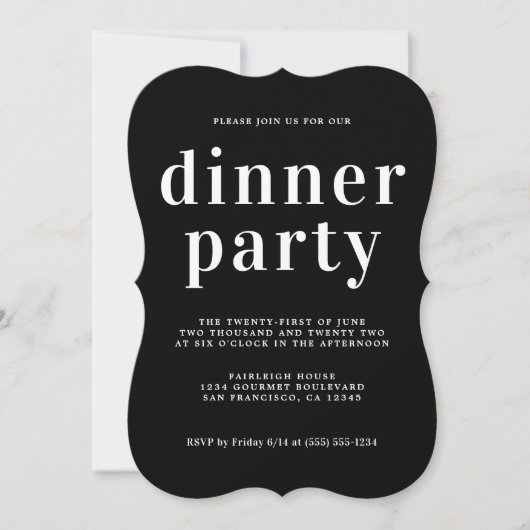 Eenvoudige Chic Typografie Zwarte Dinnerparty Kaart (Voorkant)