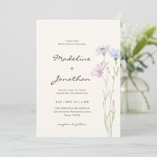 Eenvoudige Chic Wildflower Beige bruiloft Kaart (Staand voorkant)