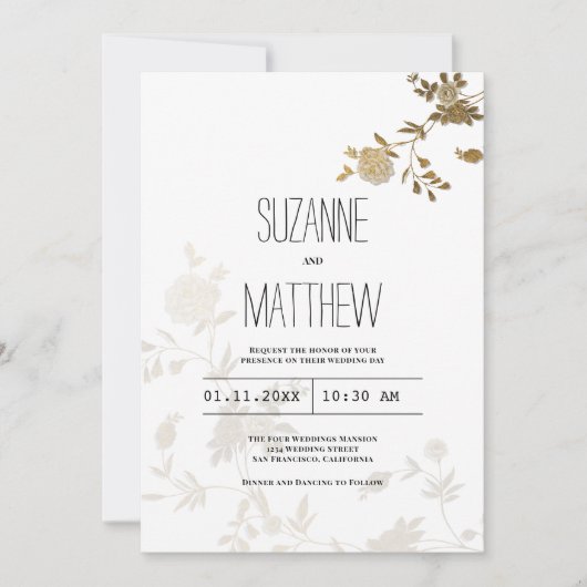 Eenvoudige chic wit goud glitter bloemenbruiloft kaart (Voorkant)