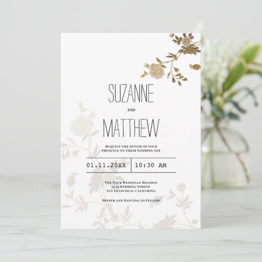 Eenvoudige chic wit goud glitter bloemenbruiloft kaart (Staand voorkant)