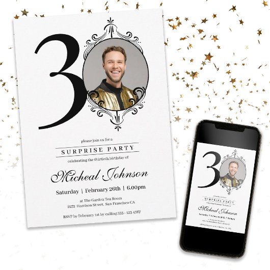 Eenvoudige chique aangepaste foto verrassing 30e v kaart