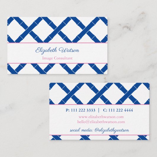 Eenvoudige chique blauwe en witte bamboe latwerk visitekaartje (Voorkant / Achterkant)