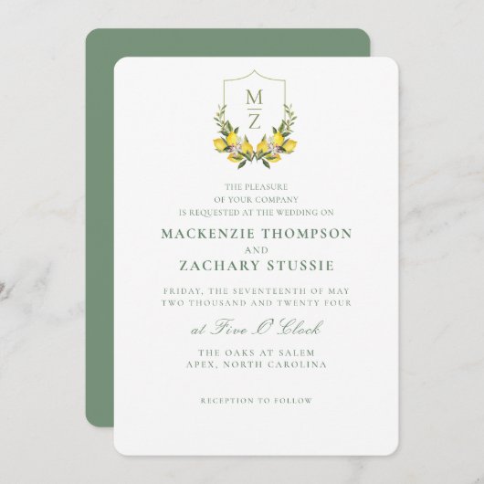 Eenvoudige chique bloemencitrus bruiloft uitnodigi kaart (Voorkant / Achterkant)