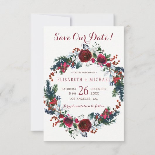 Eenvoudige chique bloemenwinterkrans opslaan datum save the date (Voorkant)
