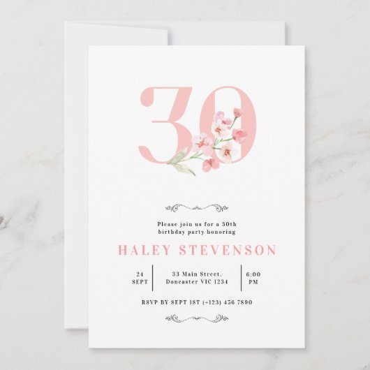 Eenvoudige Chique Blush Roze Wit Bloemen 30e Verja Kaart (Voorkant)