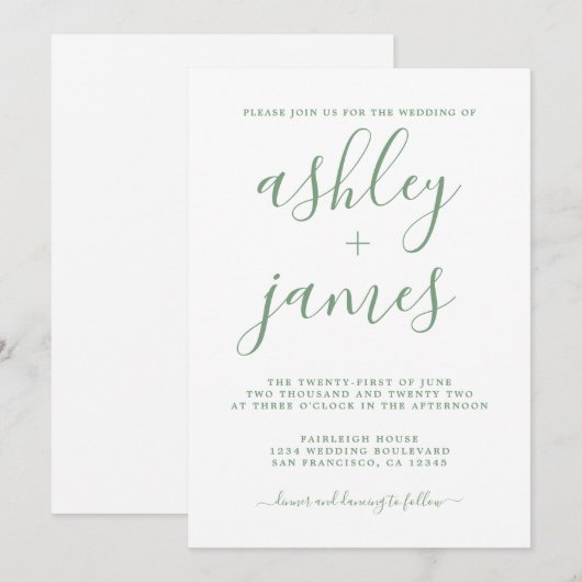 Eenvoudige chique groene witte kalligrafie bruilof kaart (Voorkant / Achterkant)