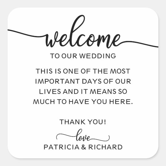 Eenvoudige chique kalligrafie bruiloft welkomsttas vierkante sticker (Voorkant)