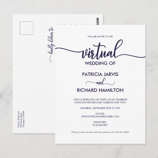 Eenvoudige chique kalligrafie virtuele bruiloft briefkaart (Voorkant / Achterkant)