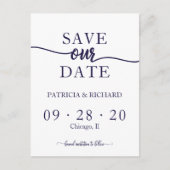 Eenvoudige chique marine blauw wit bruiloft opslaa briefkaart (Voorkant)