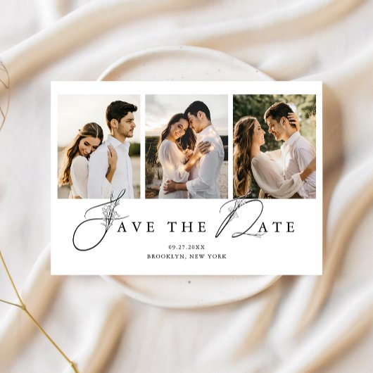 Eenvoudige chique minimalistische fotocollage brui save the date