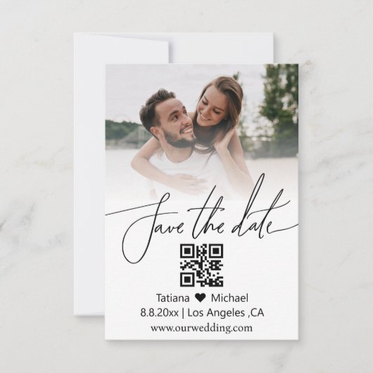 Eenvoudige chique QR code paar foto opslaan van de Save The Date (Voorkant)