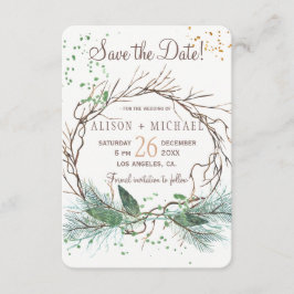 Eenvoudige chique rustieke winterkrans opslaan dat save the date