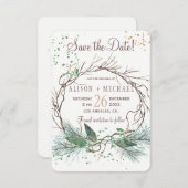 Eenvoudige chique rustieke winterkrans opslaan dat save the date (Voorkant / Achterkant)