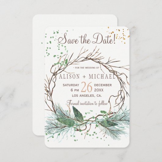 Eenvoudige chique rustieke winterkrans opslaan dat save the date (Voorkant / Achterkant)