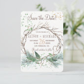 Eenvoudige chique rustieke winterkrans opslaan dat save the date (Staand voorkant)