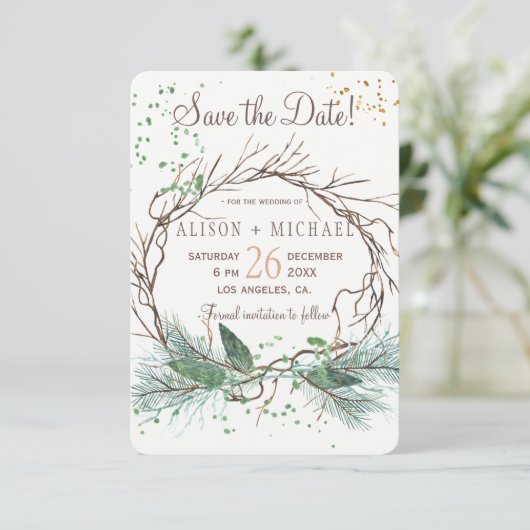 Eenvoudige chique rustieke winterkrans opslaan dat save the date (Staand voorkant)