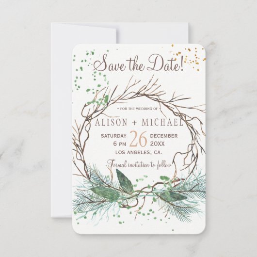 Eenvoudige chique rustieke winterkrans opslaan dat save the date (Voorkant)