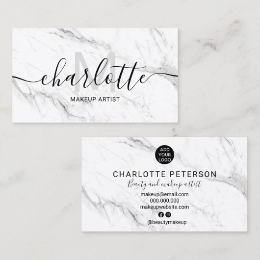 Eenvoudige chique witte marmeren naam make-up logo visitekaartje (Voorkant / Achterkant)